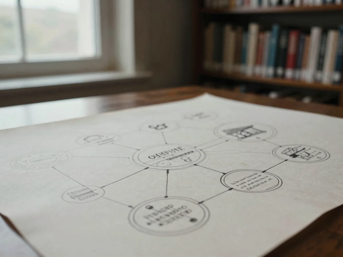 Conceptual diagram of interconnected ideas on a vintage paper, with subtle ink lines, quiet library window light, desatu