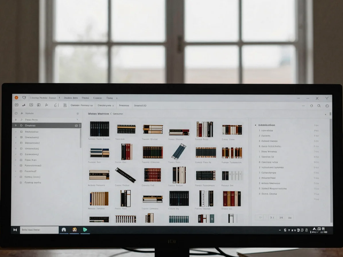 Detail of a structured digital archive interface on a screen, reflecting a quiet library window, desaturated, editorial