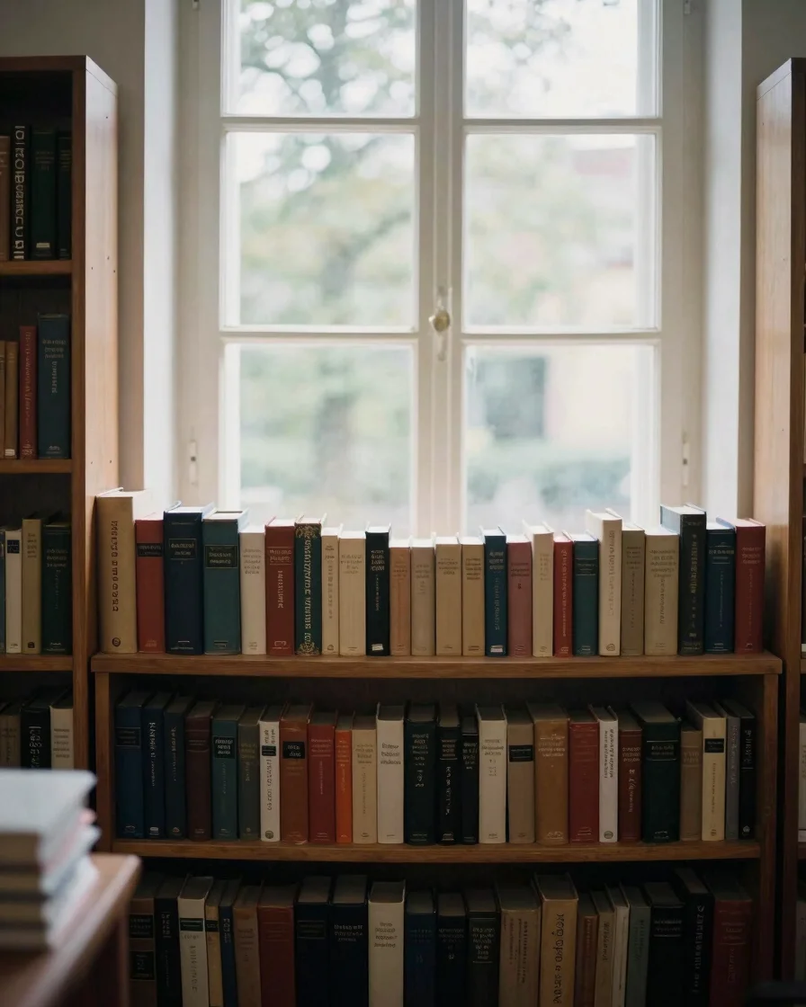 Ambiance d'une salle de lecture silencieuse, livres anciens sur des étagères, lumière naturelle filtrant par une grande