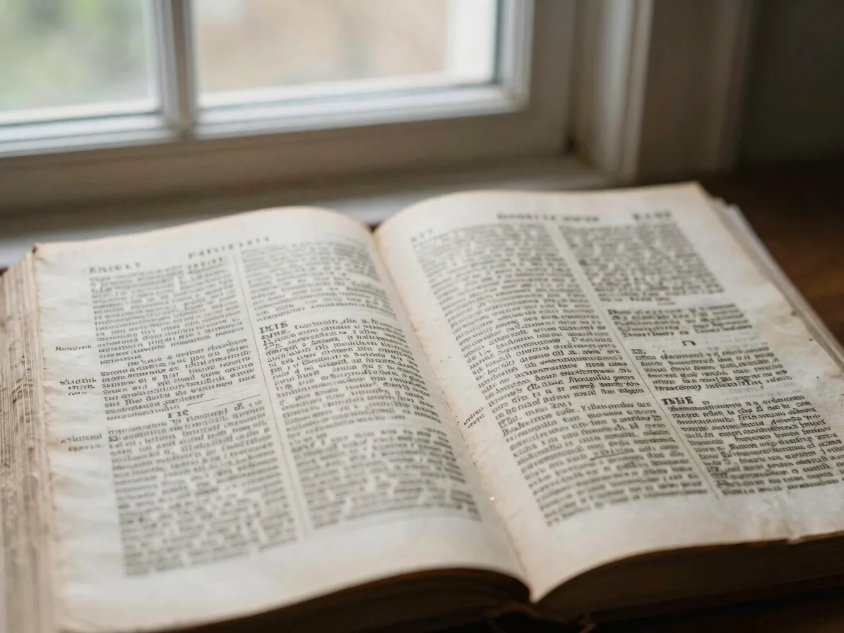 Close-up of an open, ancient philosophical text, illuminated by soft window light, showing detailed typography and annot