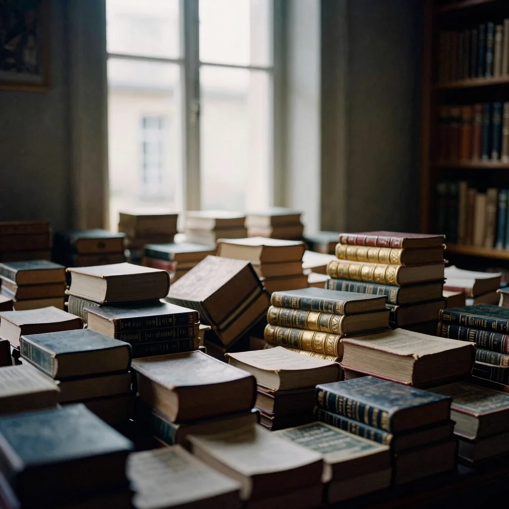 Pile de livres anciens avec tranches dorées, cadrage serré, lumière tamisée, ambiance patrimoniale