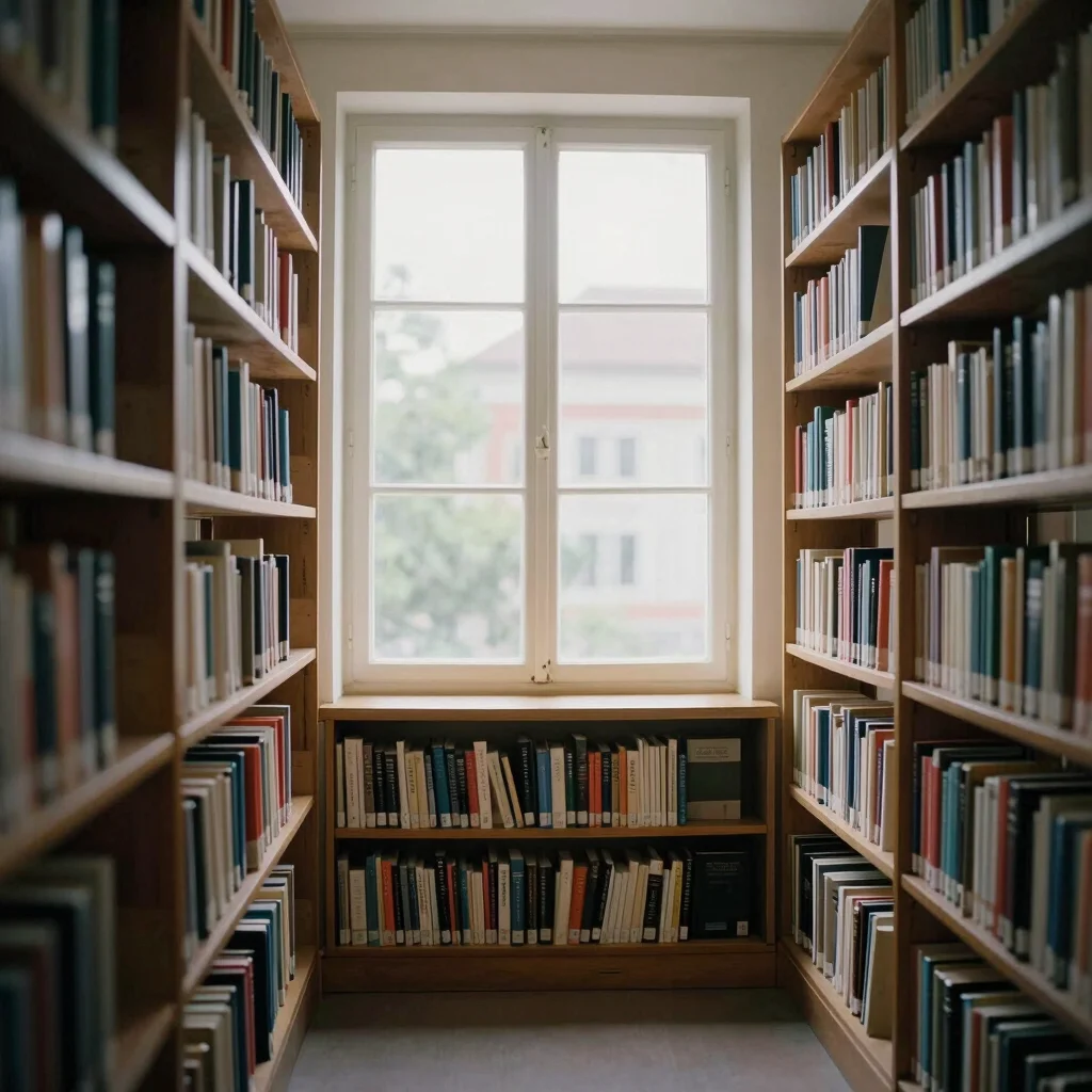 Bibliothèque silencieuse avec étagères remplies de livres, lumière naturelle filtrant par une fenêtre, atmosphère calme