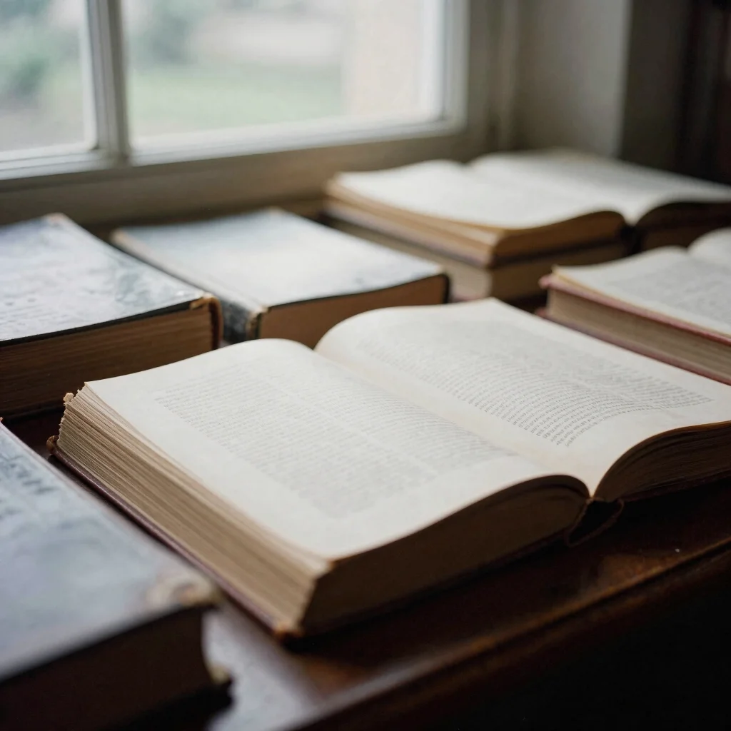 Gros plan sur une reliure de livre en cuir patiné, lumière naturelle de fenêtre, texture du papier visible